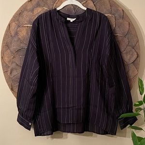 Vince Stripe Split Neck Coastal Blue Blouse